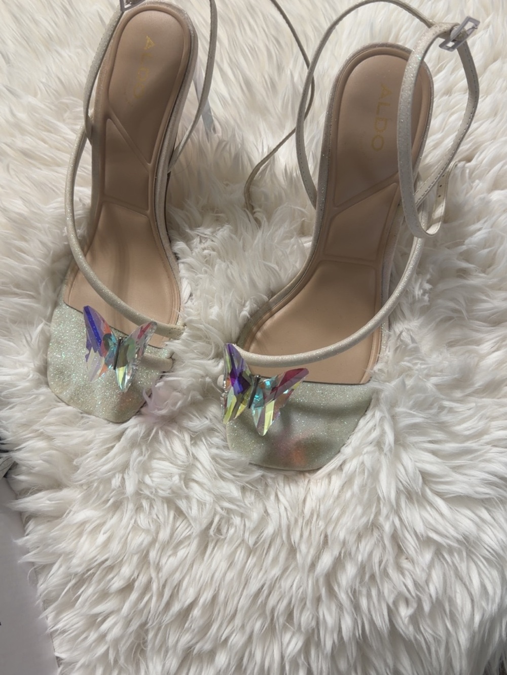Aldo Iridescent Butterfly Accent Strappy Heels - White/Cream